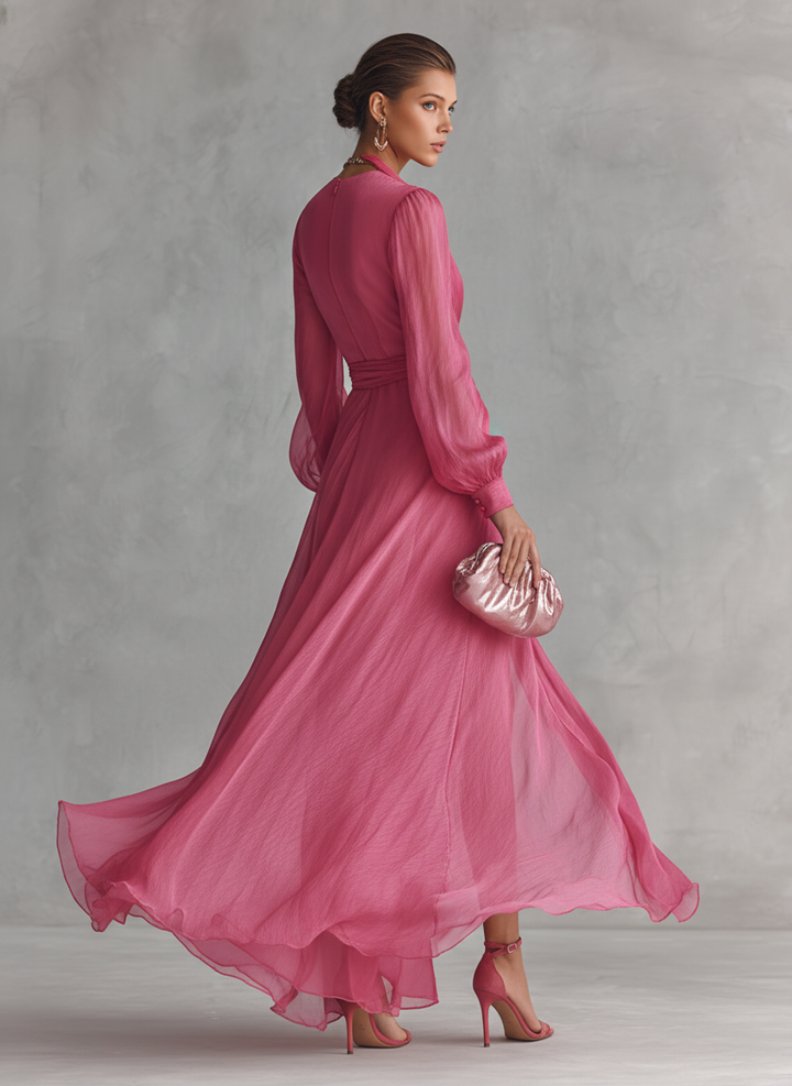 Pink chiffon V-neck dress