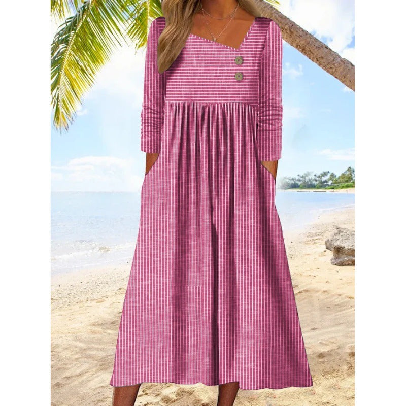 NANCY | ELEGANT STRIPED TUMMY-COVERAGE MIDI DRESS