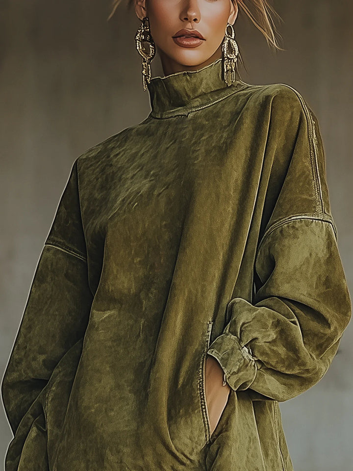 Lavinia Faux Suede Turtleneck Dress With Fringe Hem