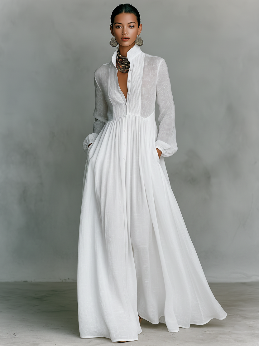 Patchwork linen stand-collar maxi dress