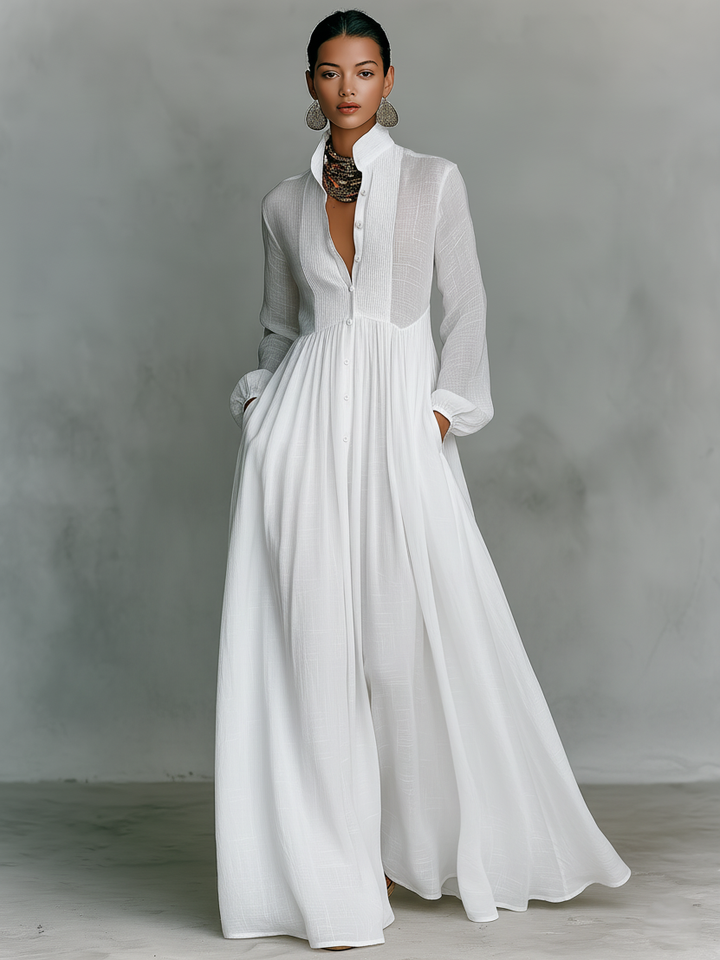 Patchwork linen stand-collar maxi dress