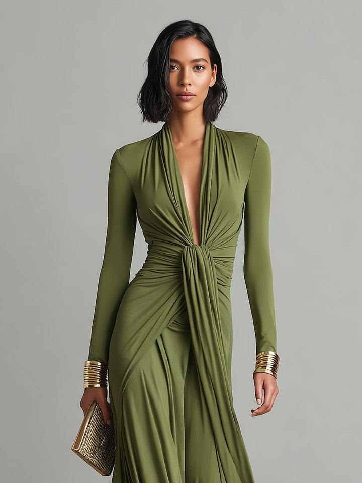 Olive silk V-neck maxi dress