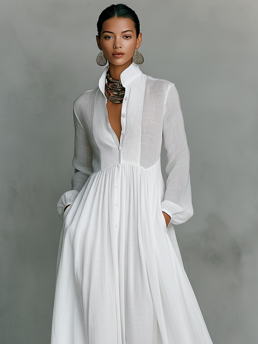 Patchwork linen stand-collar maxi dress