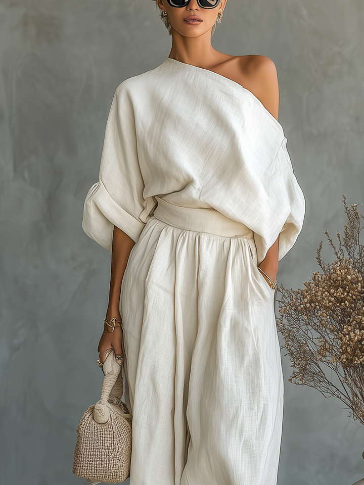 Linen off-shoulder trouser set