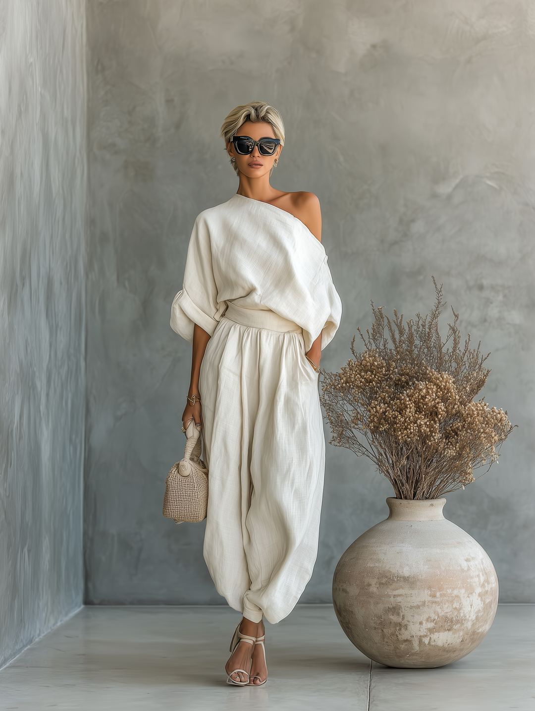Linen off-shoulder trouser set