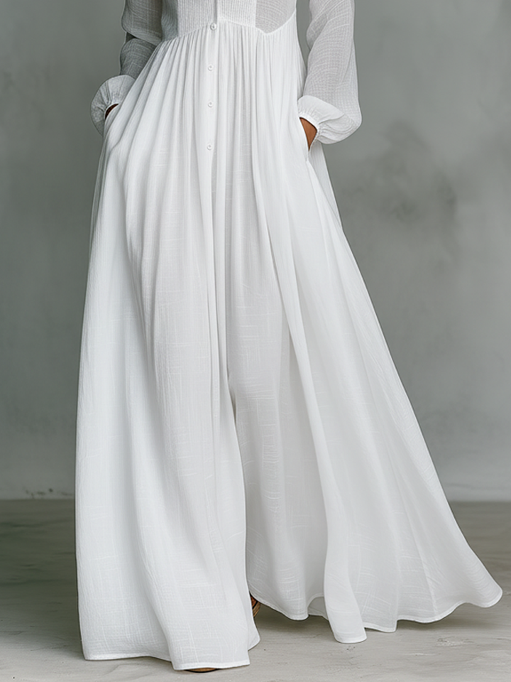 Patchwork linen stand-collar maxi dress