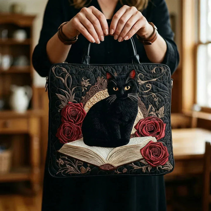 Handcrafted Quilted Bag - Black Cat on Books