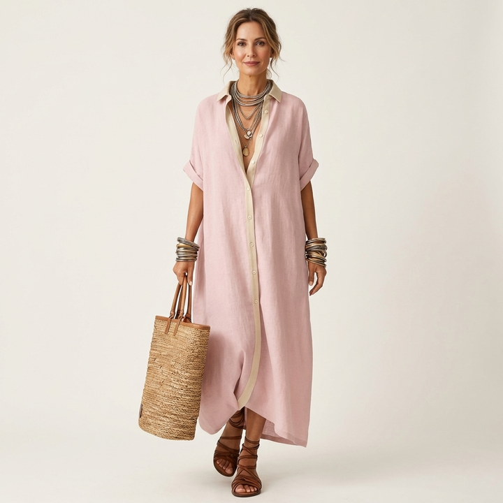 Kamira | Contrast-Collar Maxi Shirt Dress