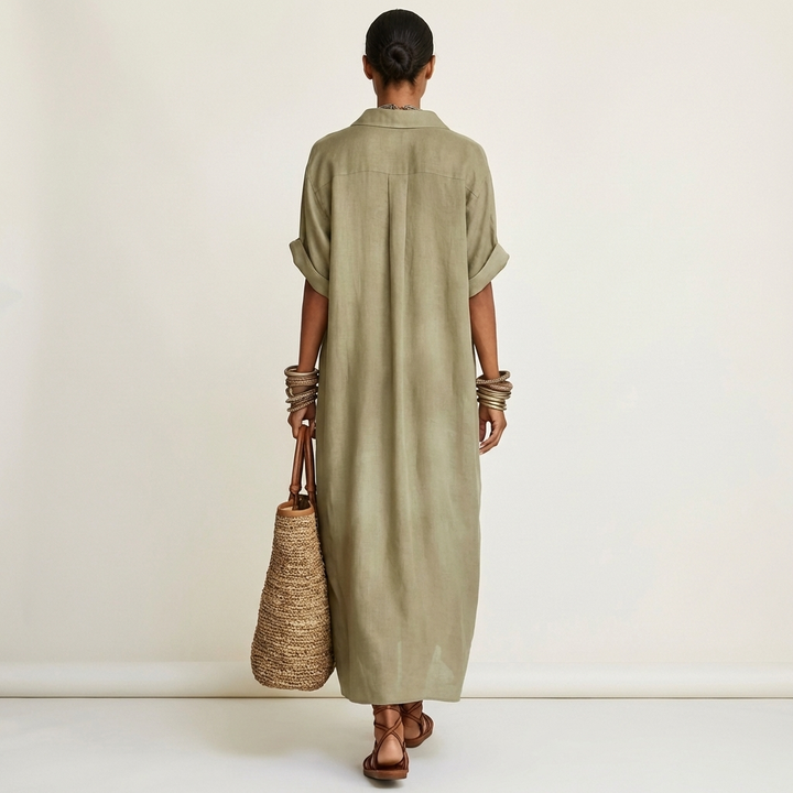 Kamira | Contrast-Collar Maxi Shirt Dress