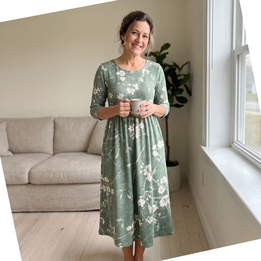 Evergreen Bloom Relaxed Pocket Midi Dress
