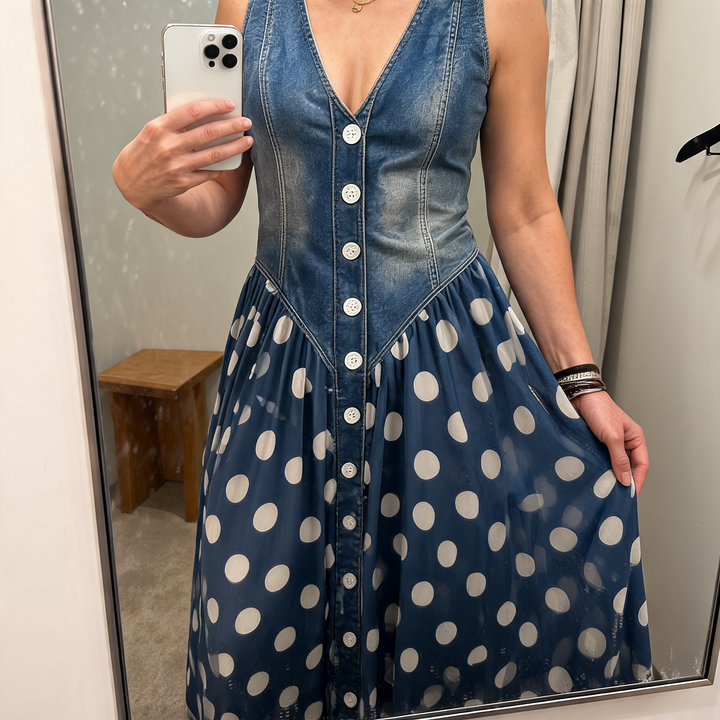 Jasmin - Denim Dress With Polka Dot Chiffon Skirt