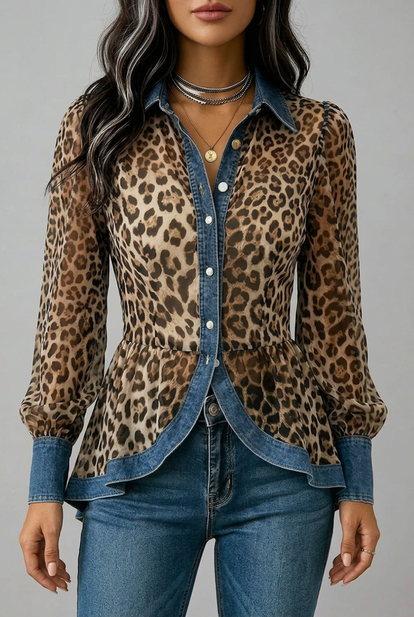 Fablenne™ | Leopard Print Denim Panel Contrast Longline Jacket