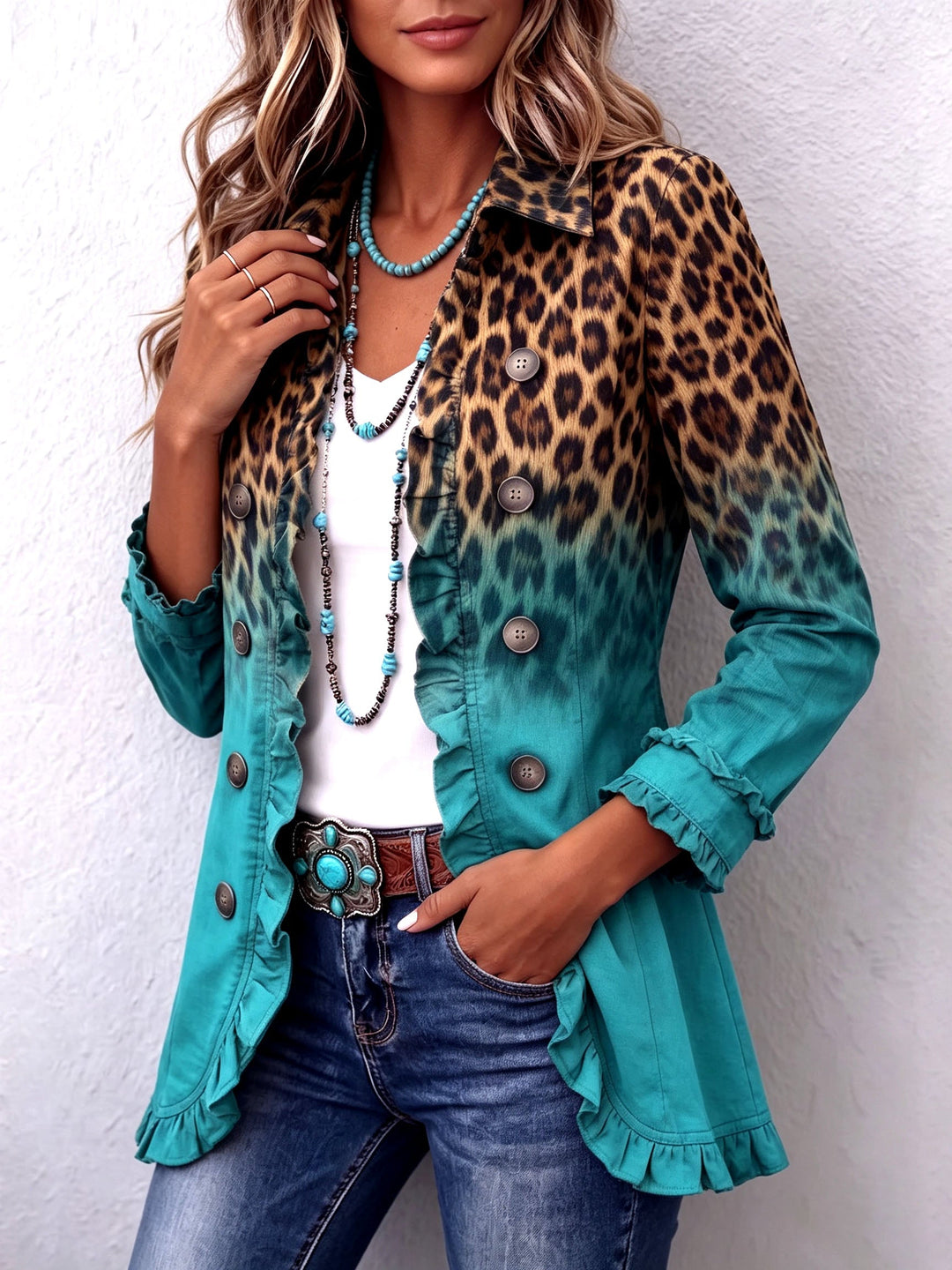 Mercedes | Leopard Print Blazer Jacket with Ruffles