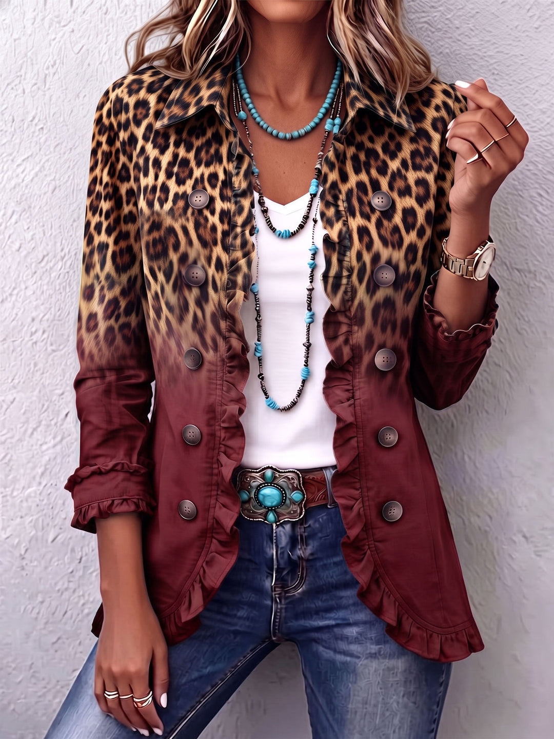 Mercedes | Leopard Print Blazer Jacket with Ruffles